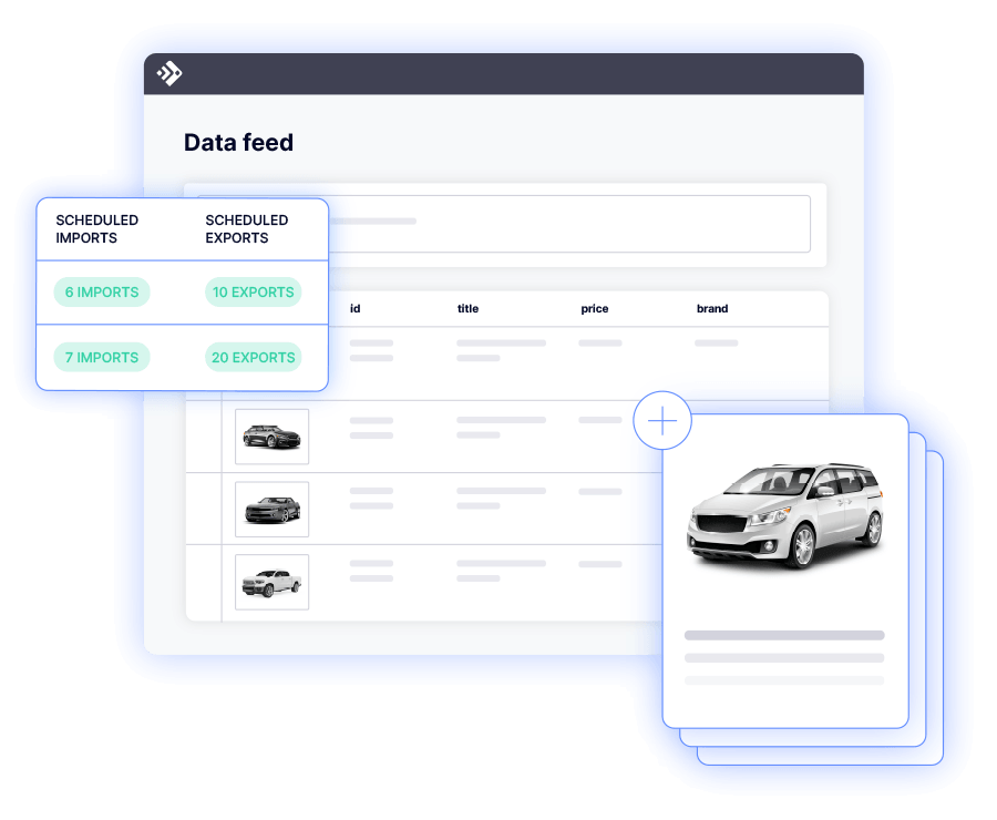 Automated data feed management UI displaying vehicle inventory listings and import/export stats.