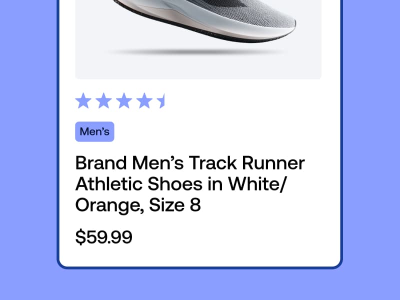 A person's hand scrolling through a grid of blue, grey, and tan men's sneakers on a mobile shopping app.