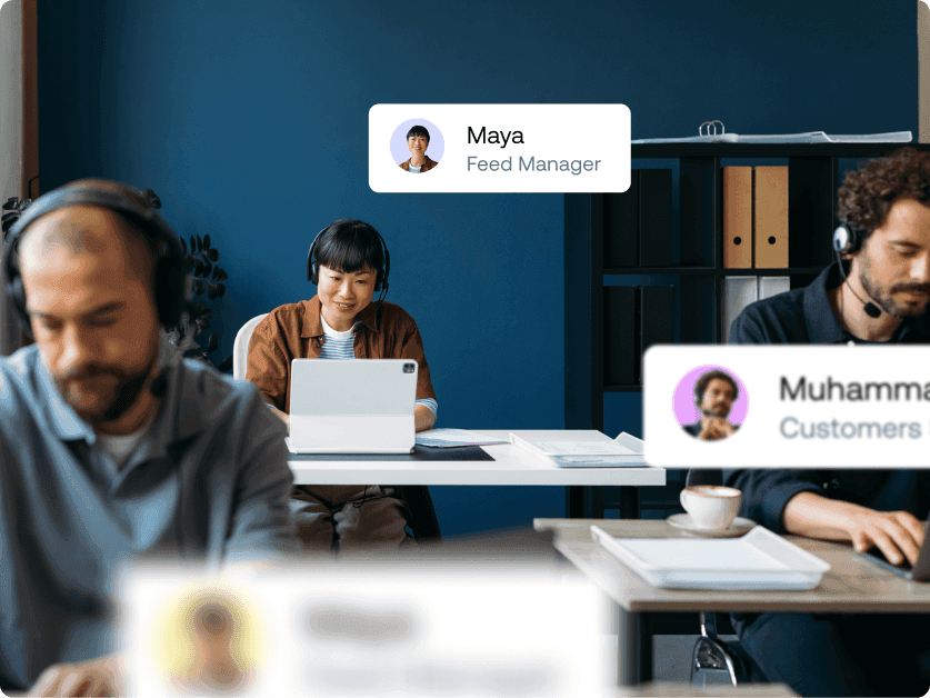 Expert e-commerce support team featuring a Feed Manager and Customer Support specialists in a professional office.
