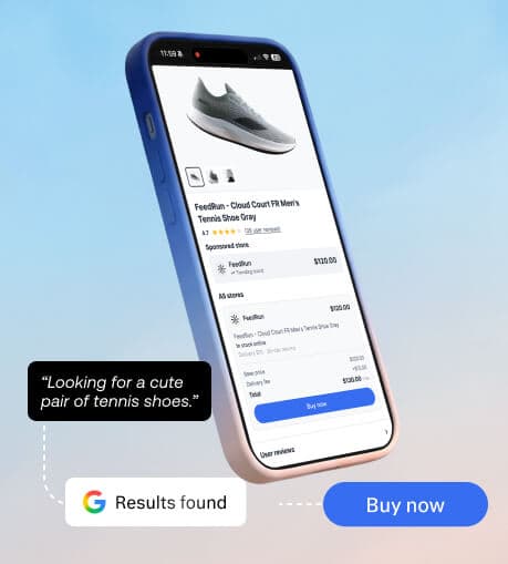 Mobile shopping interface showing "Instant Buy" feature shoes after a search query.