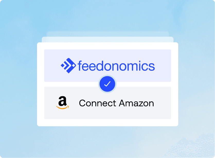 Feedonomics logo with blue checkmark above Amazon logo and Connect Amazon text on white card with light blue background