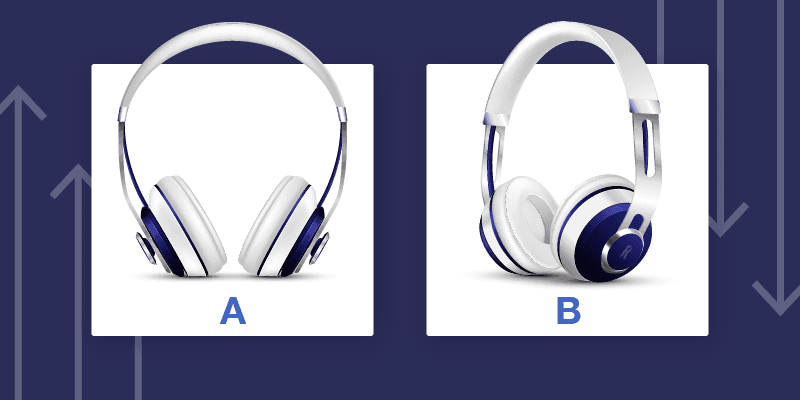 Two white and blue headphones shown from front view (A) and side angle (B) on dark blue background with arrows.