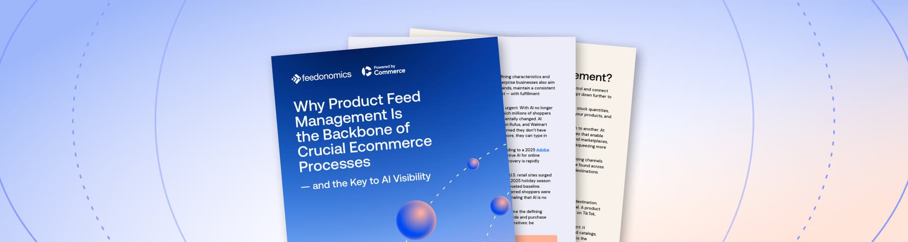 Blue and white ecommerce whitepaper cover with title about product feed management and AI visibility, shown with interior pages.