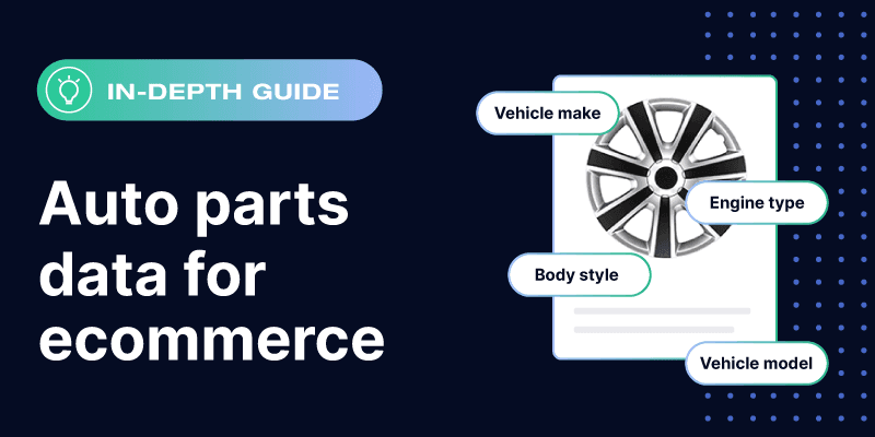 Infographic showing auto parts data categories with wheel hub image and labels for vehicle make, engine type, body style, and model