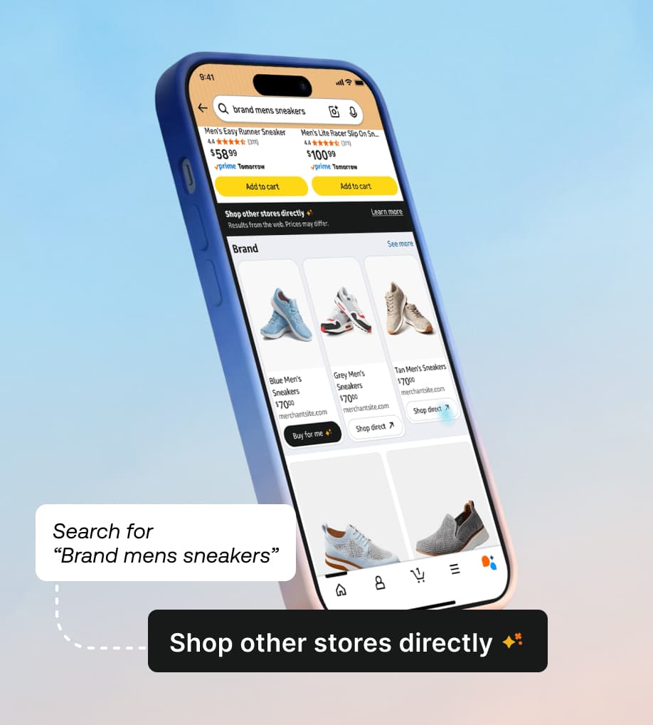 Smartphone displaying a search for men's sneakers with price comparisons and a "Shop other stores directly" feature.