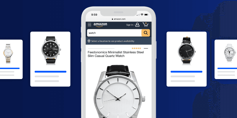 Smartphone displaying Amazon product page for a minimalist watch with surrounding product cards showing other watches