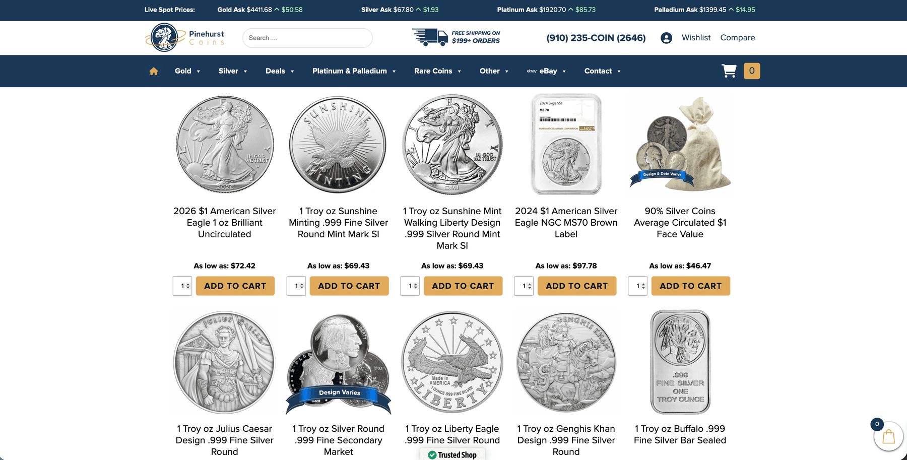 Pinehurst Coins e-commerce page for buying fine silver rounds, 1 oz Silver Eagles, and 90 percent silver coins
