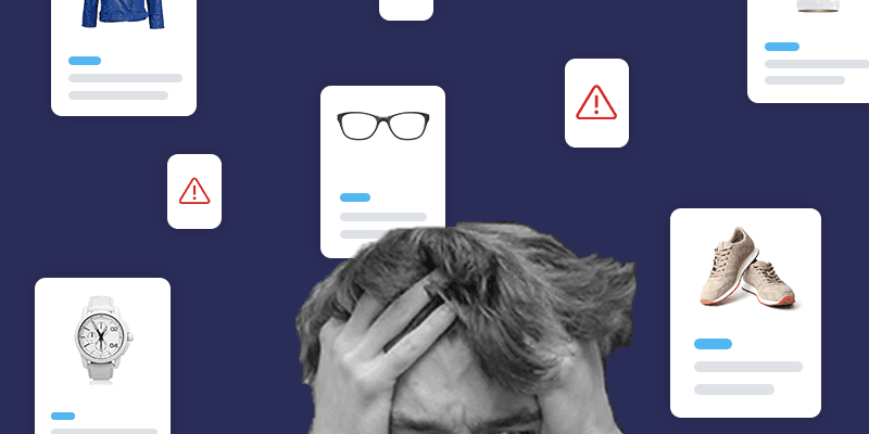 Person holding head in frustration surrounded by product cards showing jacket, glasses, watch, and shoes on blue background