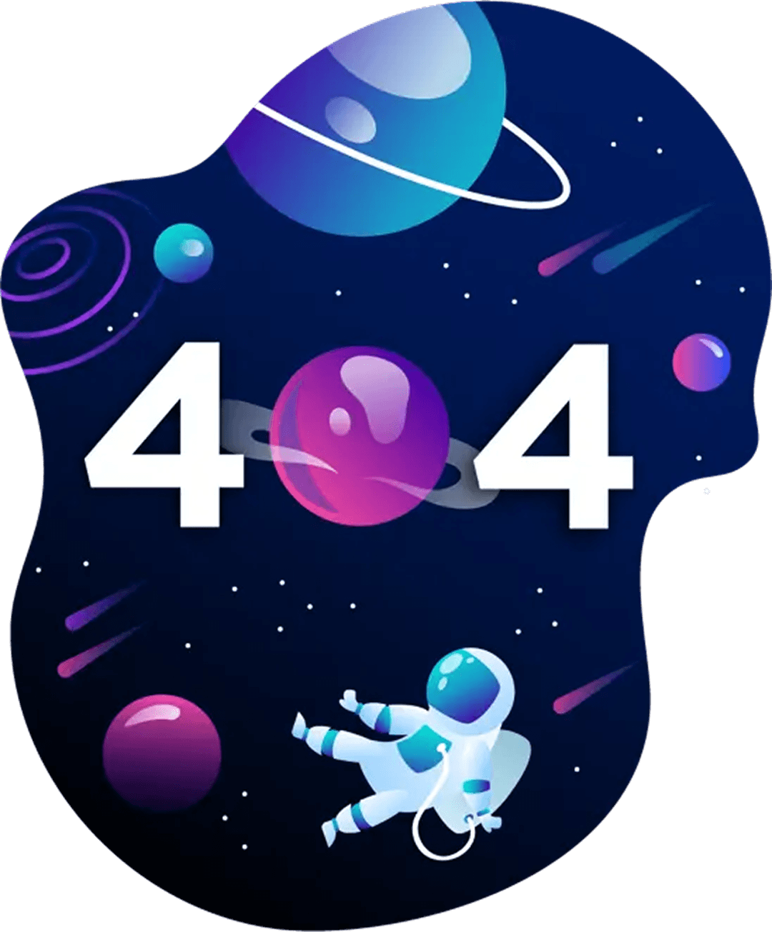 404 graphic with a person in a spacesuit floating in space surrounded by planets, meteors, and stars