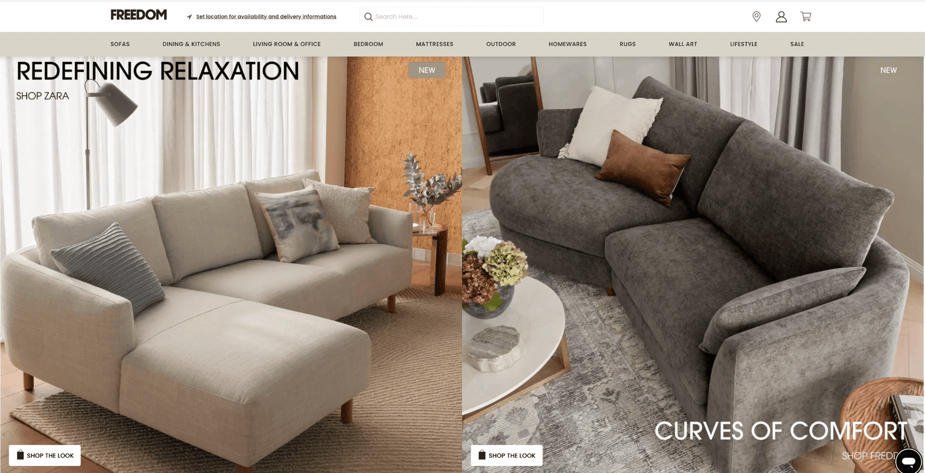 Freedom furniture Living Room collection featuring beige fabric corner sofa and modern grey curved sectional couch