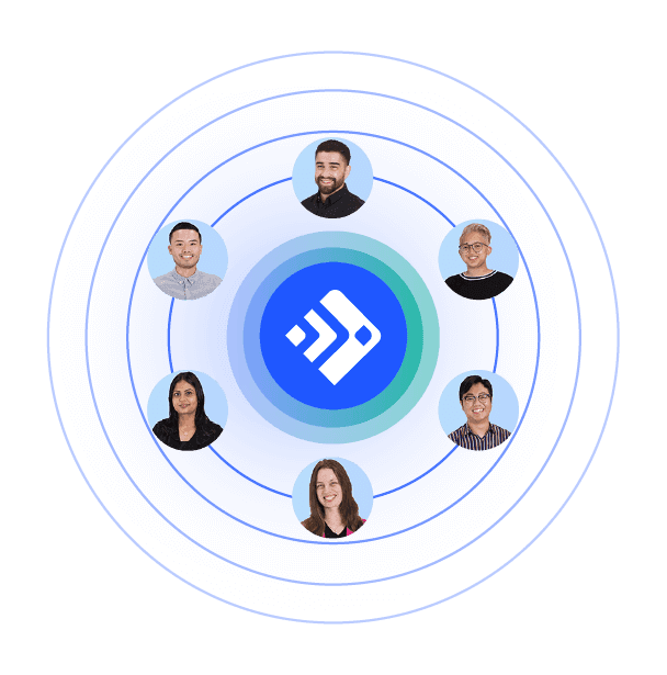 Feedonomics logo surrounded by six circular photos of smiling people on a dark background. Concentric blue circles connect them, suggesting collaboration.