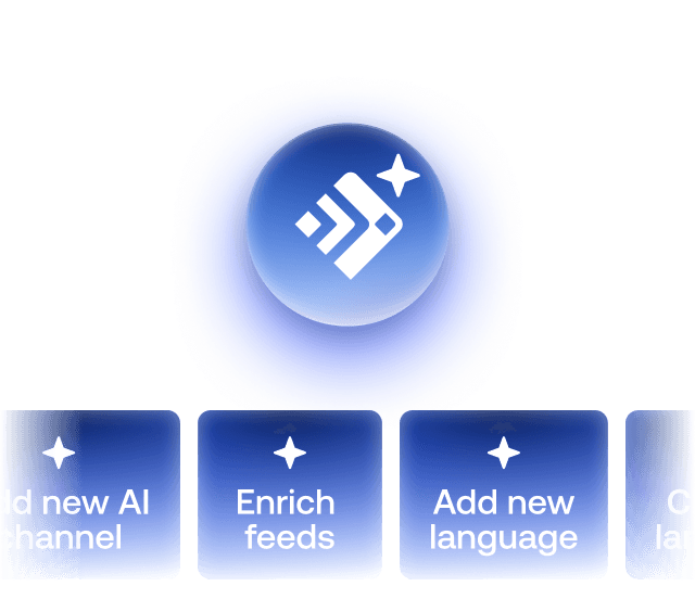 Ecommerce automation dashboard showing options for AI channel expansion, feed enrichment, localization, and SEO optimization.