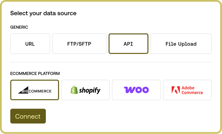 Data source selection screen for e-commerce platforms like BigCommerce, Shopify, and WooCommerce.