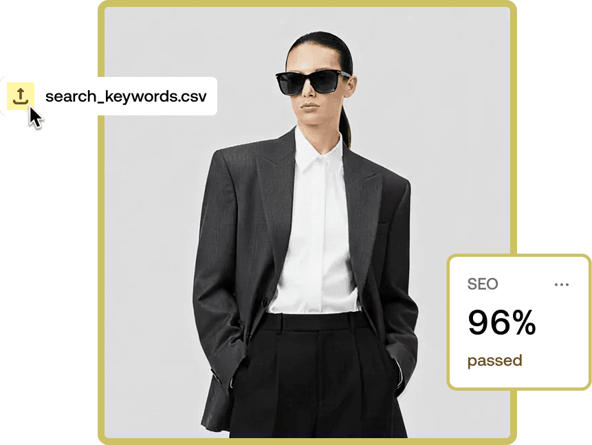 Interface showing a search keywords CSV upload and a 96% SEO pass score for a fashion suit product image.