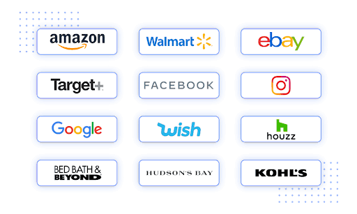 Grid of marketplace logos including Amazon, Walmart, eBay, Target, Google, Facebook, and Instagram.