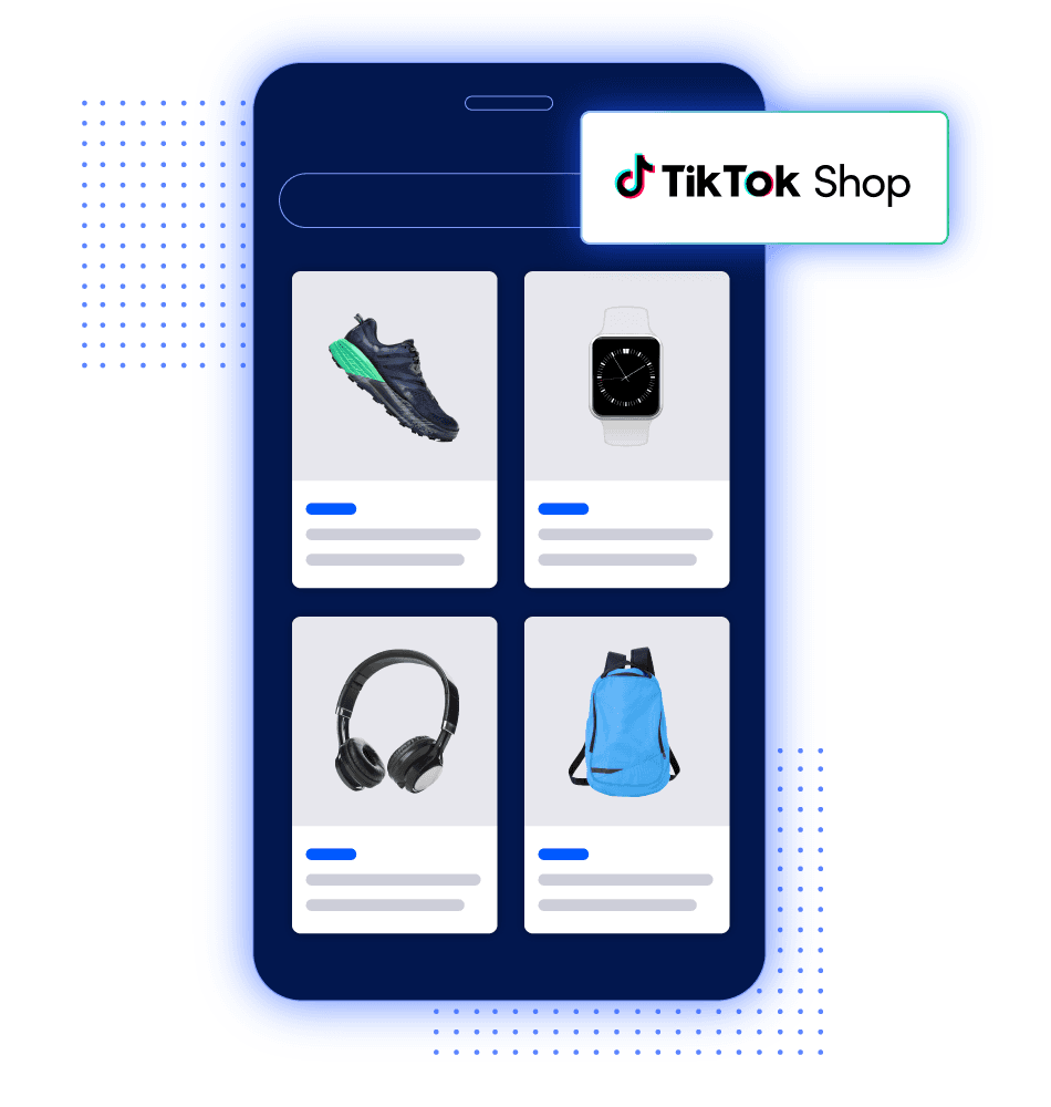 Smartphone screen displaying four product listings: a running shoe, a smartwatch, headphones, and a blue backpack. tiktok shop logo