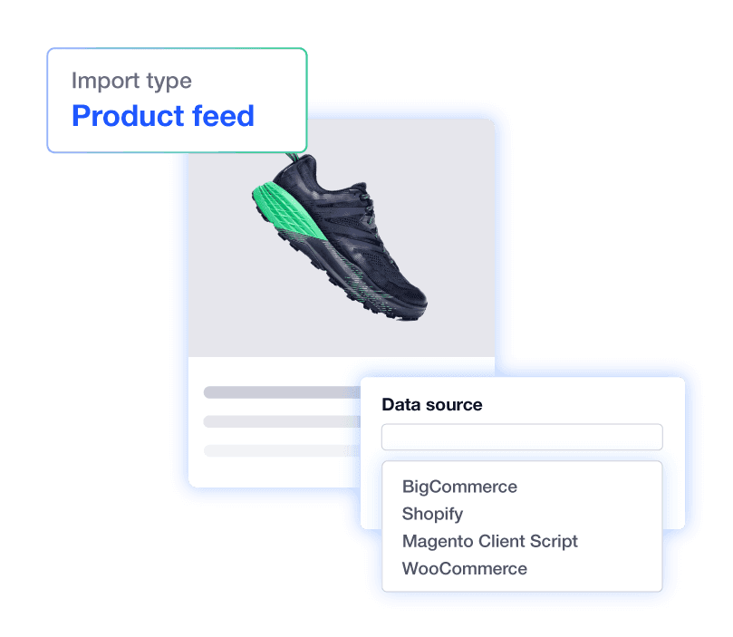 Black and green shoe product listing with "Import type: Product feed" and a "Data source" dropdown menu with options: BigCommerce, Shopify, Magento Client Script, and WooCommerce.