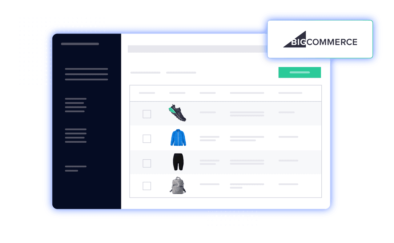 BigCommerce store management dashboard displaying product inventory for sneakers, jackets, and backpacks.