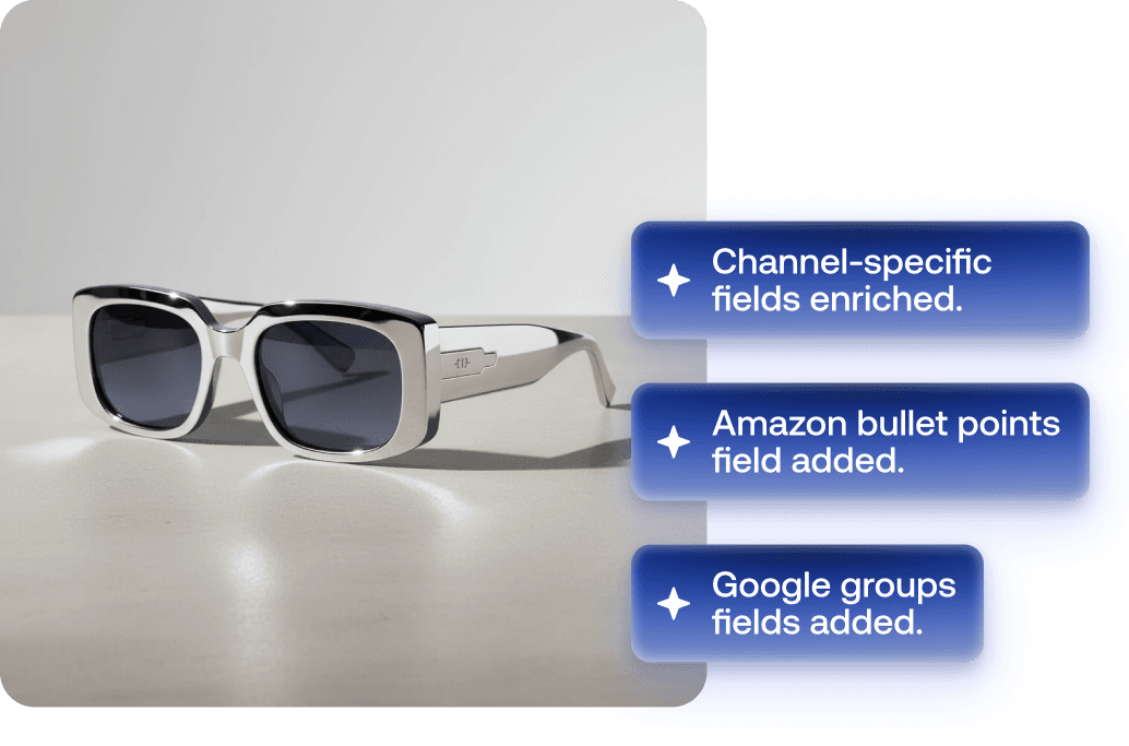 Multi-channel listing tool for eyewear, enriching channel-specific fields for Amazon and Google Shopping.