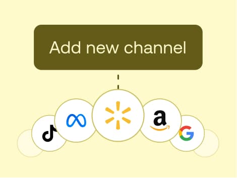"Add new channel" interface for syncing product feeds to TikTok, Meta, Walmart, Amazon, and Google.