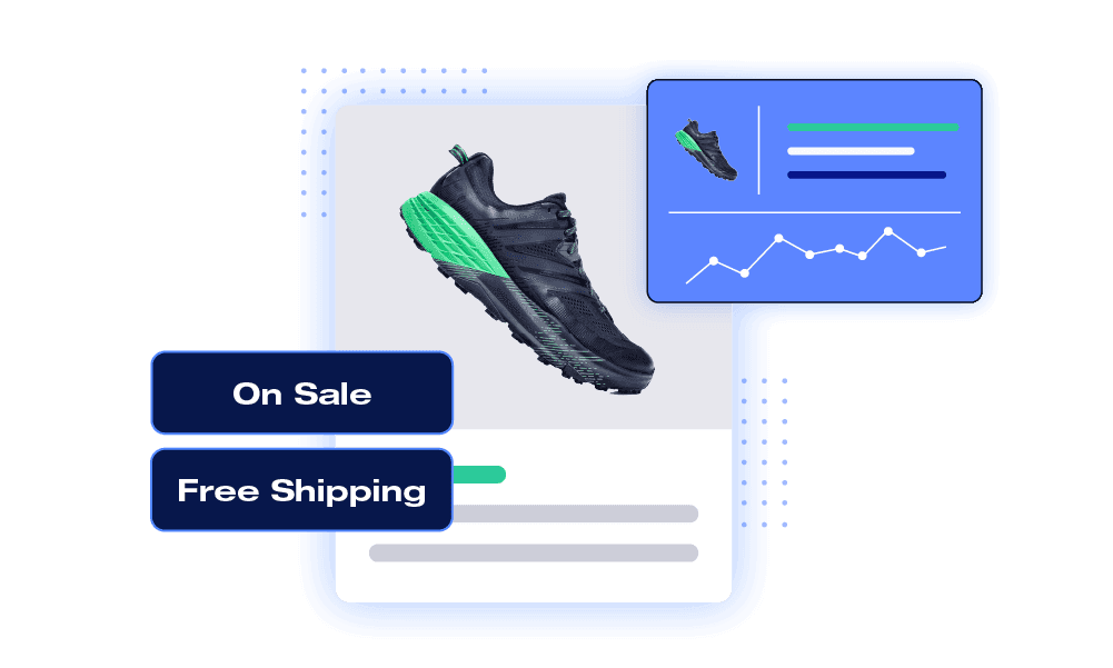 Running shoe product card with On Sale and Free Shipping badges and a blue analytics dashboard showing a growth chart.