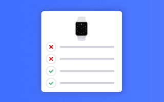 Smartwatch listing with two successful checks and two failed x-marks for listing requirements.