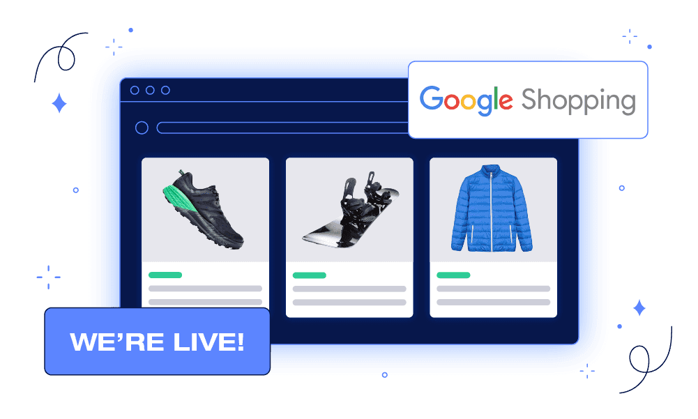 Feedo Sports interface showing a live Google Shopping feed with optimized listings for sneakers, snowboards, and jackets.