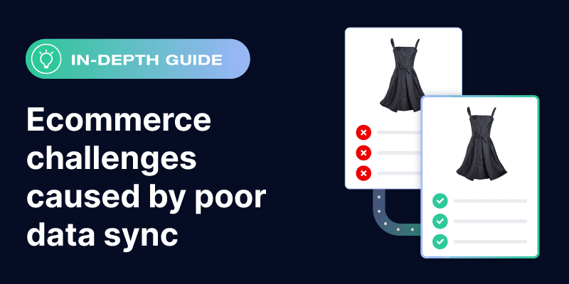 In-depth guide: Ecommerce challenges caused by poor data sync. Graphic shows a black dress on a product card with red 'X' marks next to a card with green checkmarks.