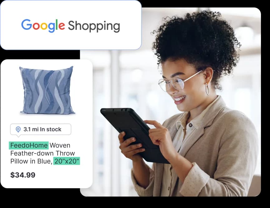 Woman using a tablet to view a Google Shopping local inventory listing for a blue FeedoHome throw pillow.