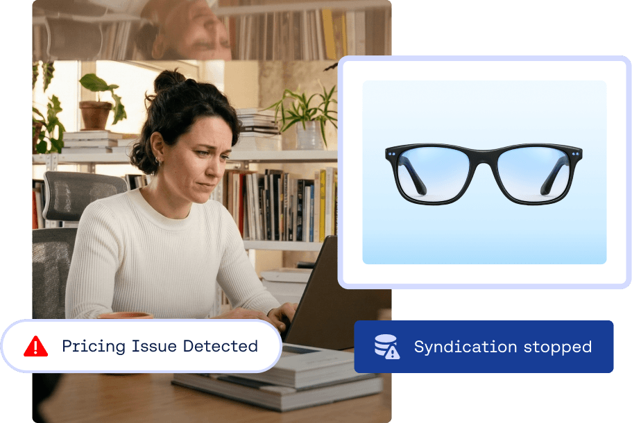 Product syndication error dashboard showing a pricing issue alert for eyewear inventory management.