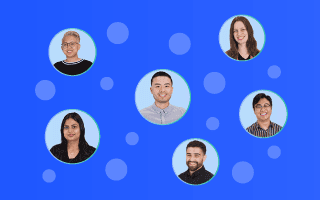 Diverse team member headshots in circles on a dark blue background.