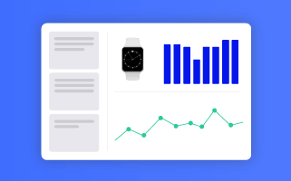 Dashboard with a smartwatch, bar chart, and line graph for data visualization.