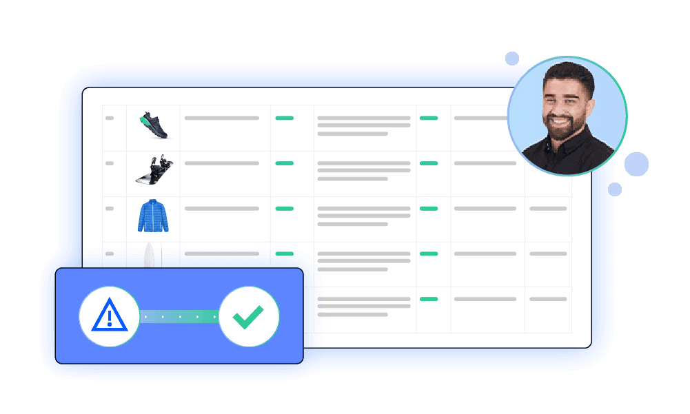 Data management dashboard showing product health monitoring that transitions from a blue warning alert to a green checkmark.