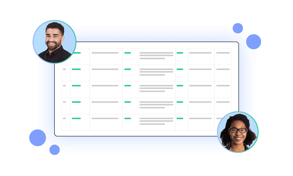 Digital spreadsheet interface framed by profile photos of a man and a woman representing a collaborative team.