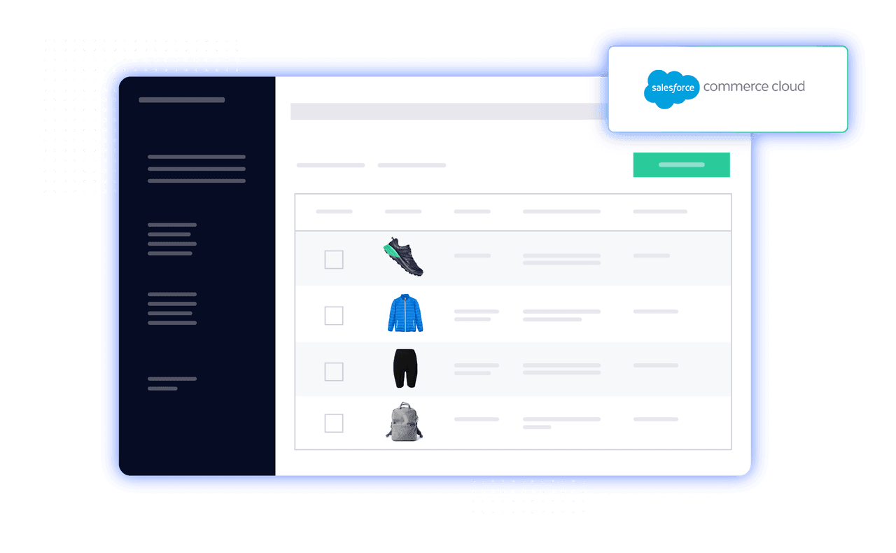 Product management dashboard showing a table of inventory items next to a Salesforce Commerce Cloud logo.