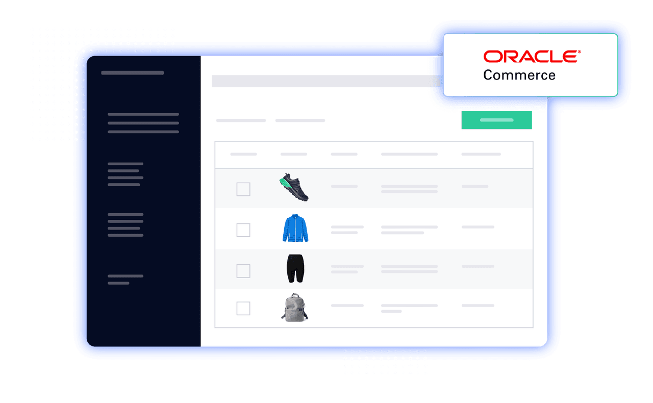 Product management dashboard showing a table of inventory items next to an Oracle Commerce logo.