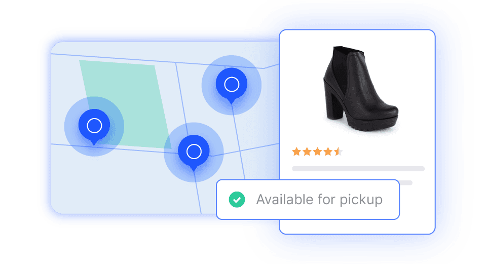 Product card for a black high-heeled boot shown as available for pickup on a local map with location pins.