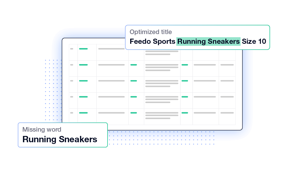 Data optimization graphic showing a "missing word" flag for "Running Sneakers" being updated to an "optimized title" with brand and size details