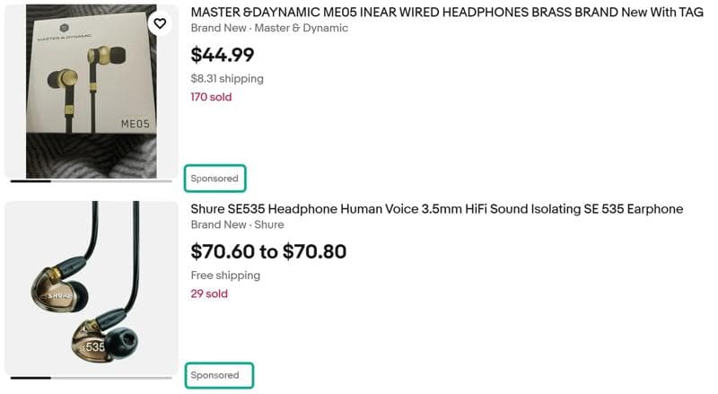 Sponsored eBay search results showing Master & Dynamic in-ear wired headphones and Shure SE535 sound-isolating earphones.