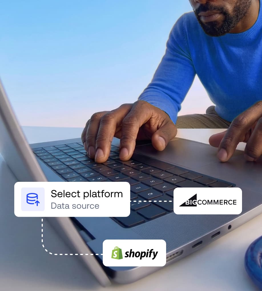 Ecommerce platform integration graphic showing a data source connection for Shopify and BigCommerce storefronts.