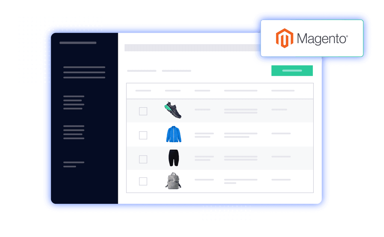Inventory management dashboard showing a product list of outdoor gear with a Magento integration logo