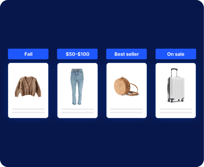 Product catalog grid featuring a cardigan, jeans, round wicker bag, and suitcase under custom labels.