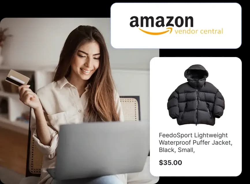 Woman holding credit card while smiling at a laptop with floating Amazon Vendor Central logo and black puffer jacket