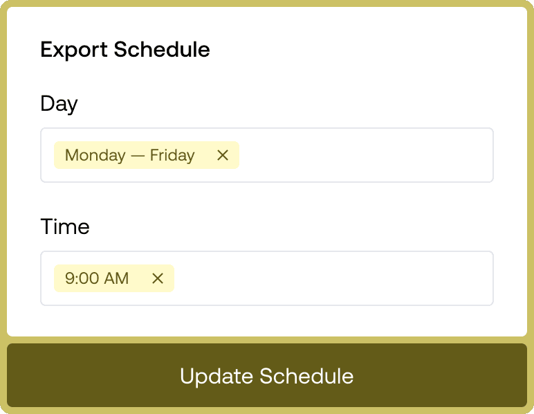 Automated export settings dashboard allowing users to schedule data transfers by day and time.