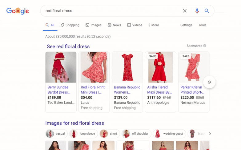 Google Shopping Ads show multiple images of dresses on hover.