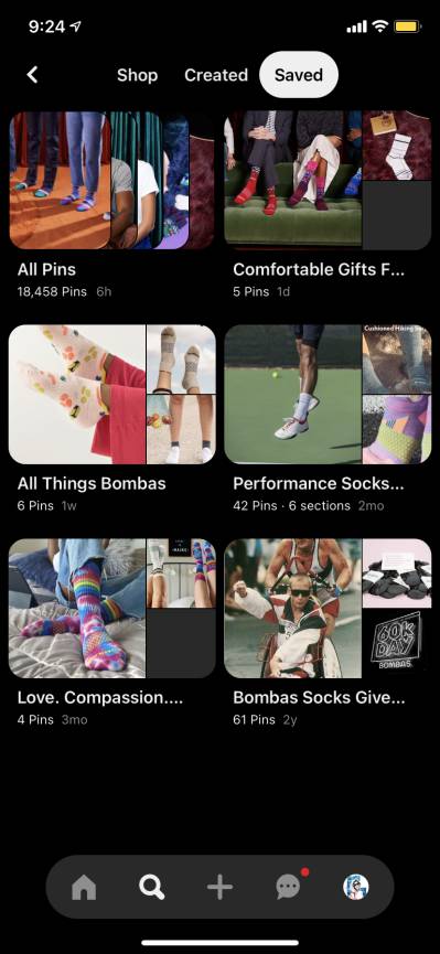 Pinterest Board example showing multiple item groups such as "All Pins" and "All Items Bombas"