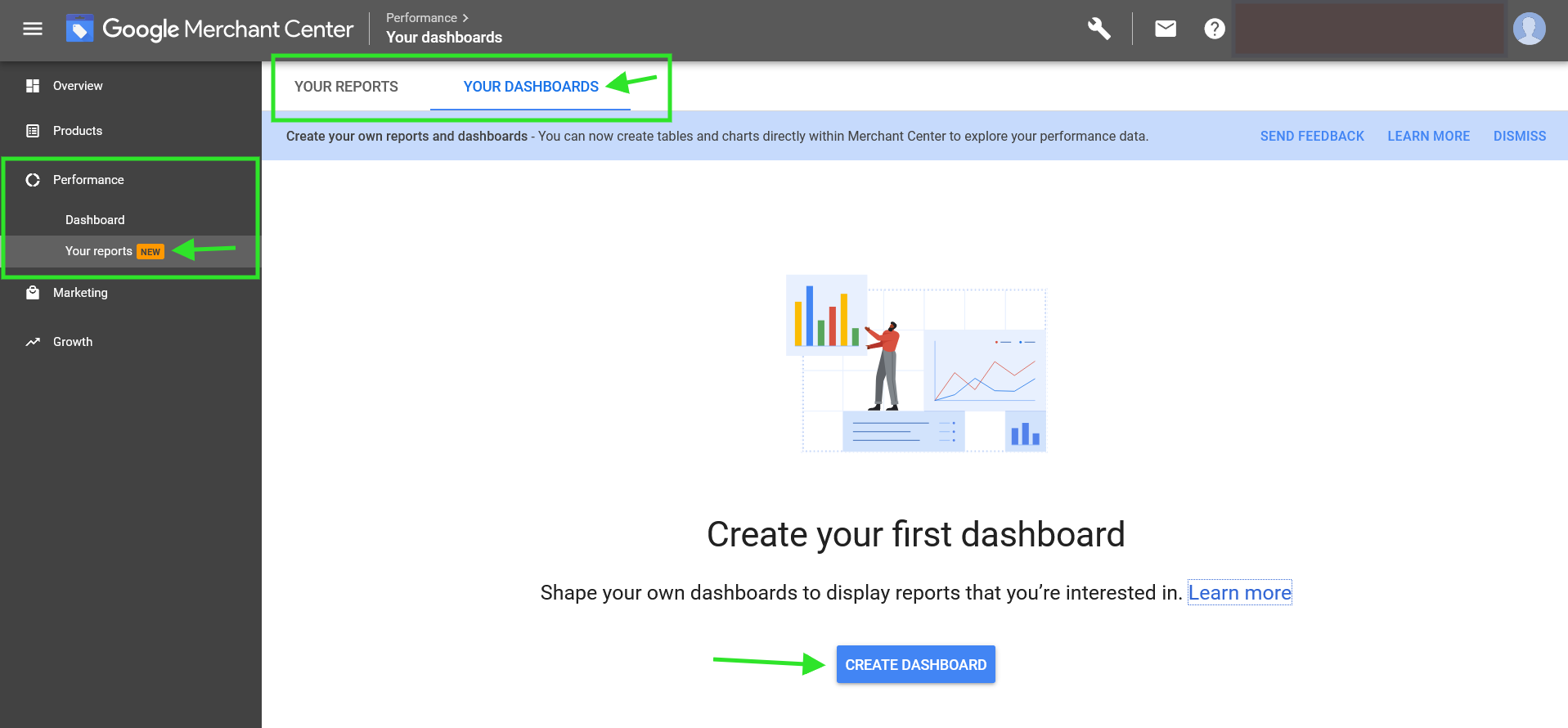 Google Merchant Center custom dashboard creation