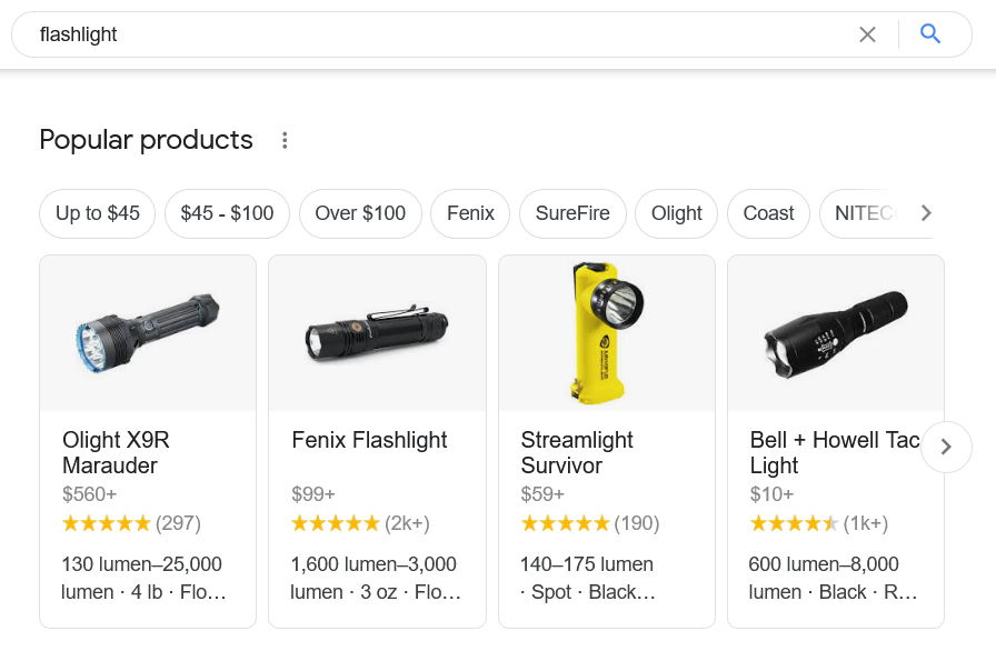 Flashlight results in popular products google search