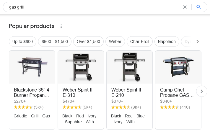 Results for "gas grill" search showing new popular products section with 4 grills