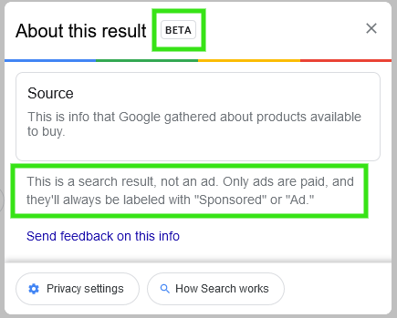About this result beta, showing results that are not paid or sponsored